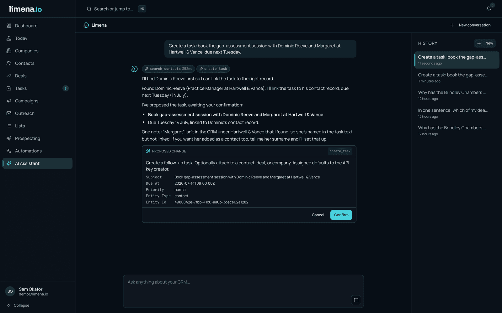 Limena's confirmation card: a proposed change with the exact details shown, waiting for the user to press Confirm or Cancel