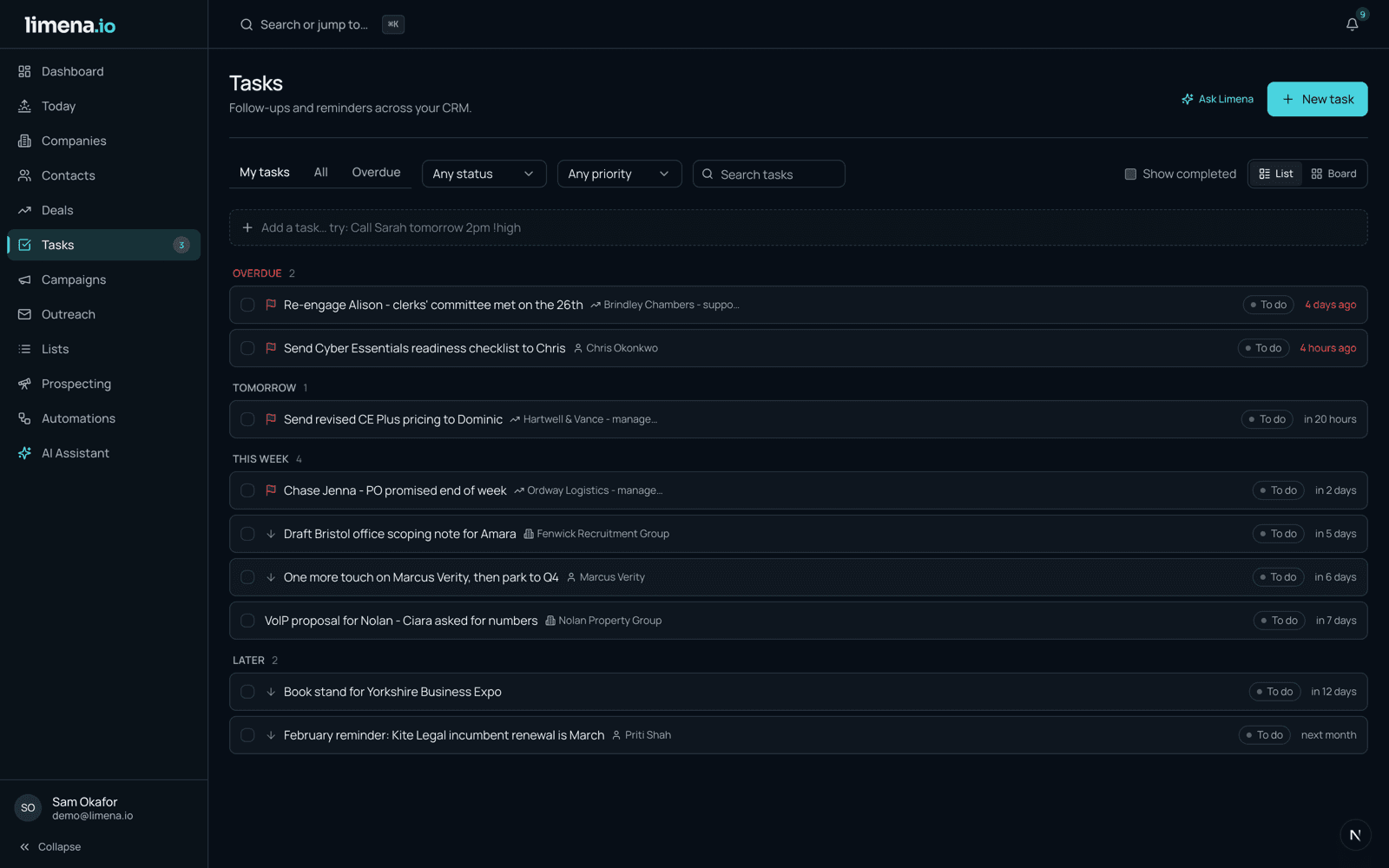 The Limena tasks view grouped by due date