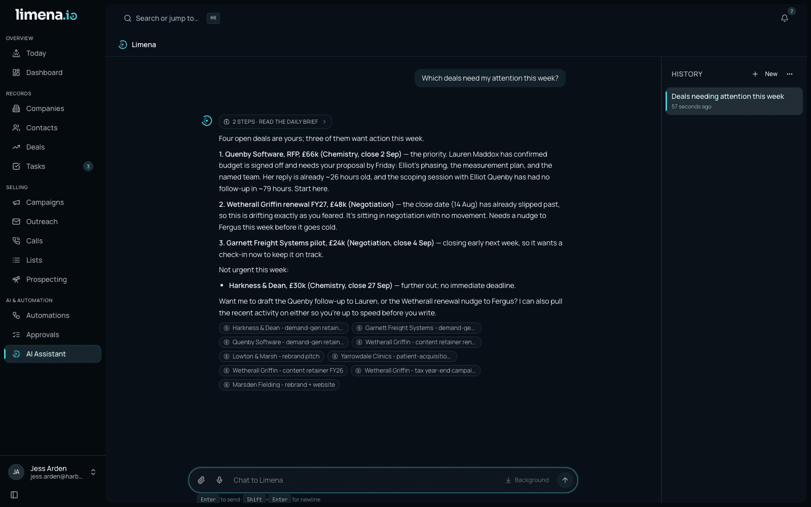 Limena answering 'Which deals need my attention this week?' with a triaged priority list of four deals, the steps it took, and a linked pill for every record it touched