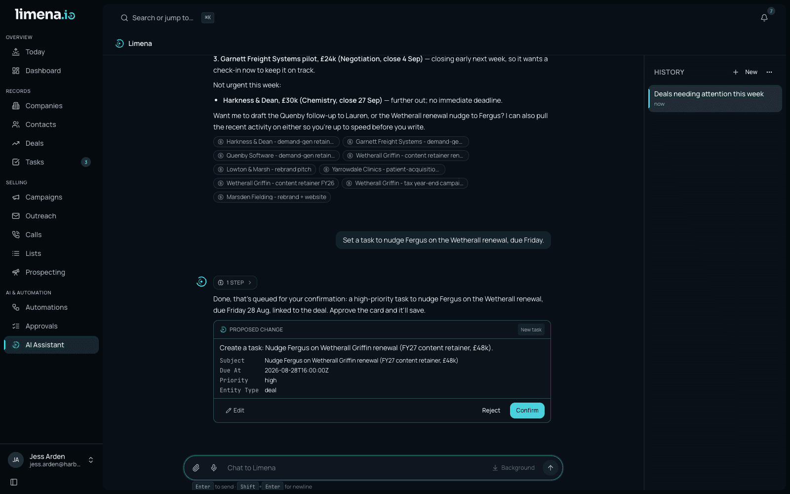Limena's proposed-change card: a new task spelled out field by field (subject, due date, priority, linked deal) with Edit, Reject and Confirm buttons