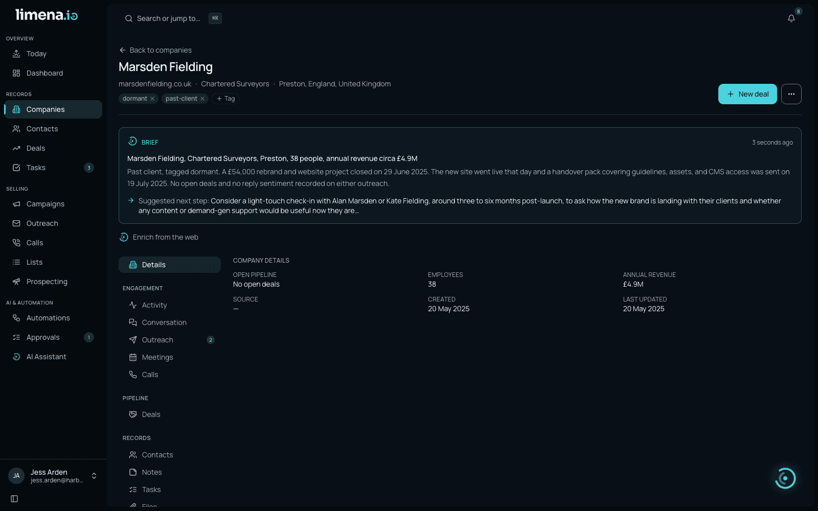 A dormant past-client company record in Limena with an AI-written brief: the project that closed, the handover that was sent, and a suggested re-engagement step naming the right contacts