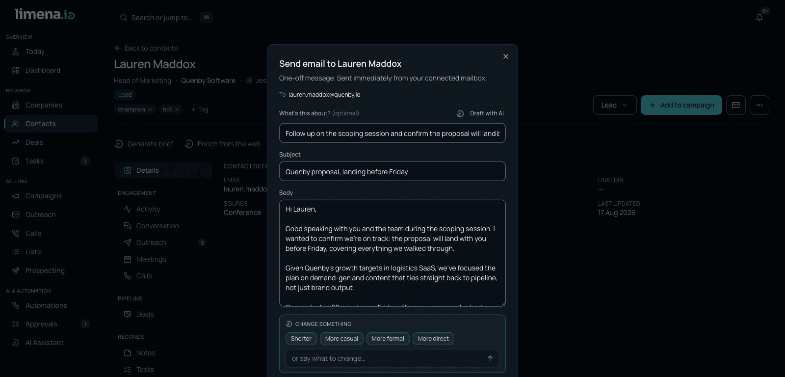 The one-off email dialog on a contact record: an AI-drafted subject and body grounded in the scoping session, with tone chips to change something before it goes