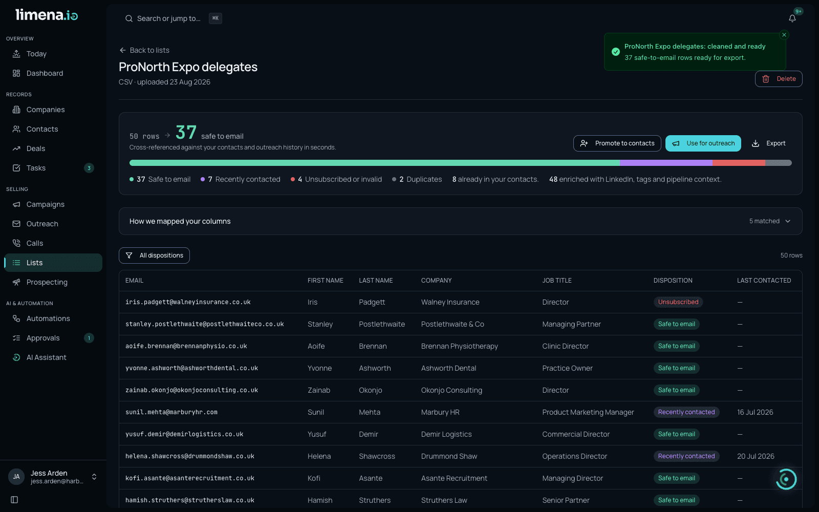 A 50-row delegate list dispositioned in Limena: 37 rows safe to email, with unsubscribed, recently-contacted, duplicate and already-known rows caught automatically